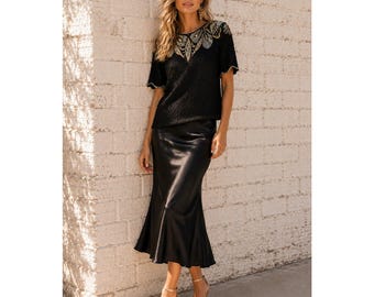 Blusa de noche vintage Laurence Kazar de seda negra con lentejuelas y cuentas, talla S