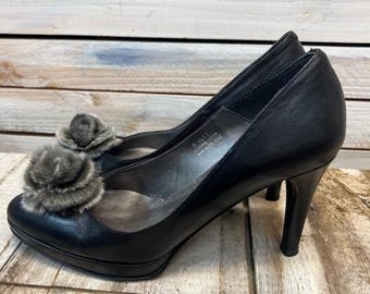 Carisima Black Leather Mink Fur Pom Pom Platform Stiletto Heels Size 8.5