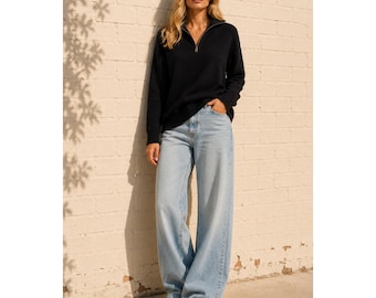 Maglione vintage American Living in cotone nero con cerniera a un quarto, stile preppy, taglia M