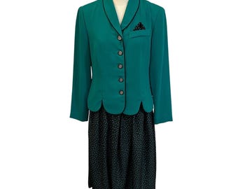 Vintage Leslie Fay Teal Skirt Suit Scalloped Blazer Polka Dot 6P