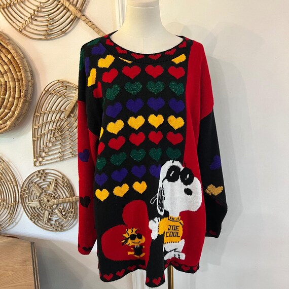 Vintage Peanuts Black Knit Snoopy Joe Cool Heart Sweater Oversized
