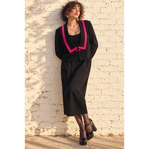 Vintage D.J. Summers Black Pink Rayon Acetate Sailor Collar Dress Mod 80s 16