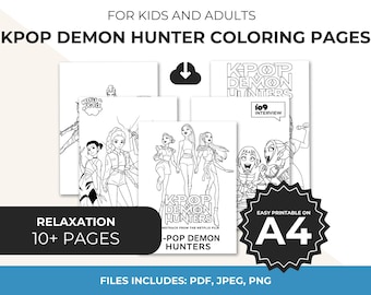 Demon Hunters Kpop målarbilder, Huntrix Saja Boys målarbok, utskrivbar PDF digital nedladdning, Kpop målarbilder, direkt nedladdning