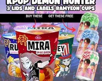 KPop Demon Hunters Ramen Noodle Labels, Mira Rumi Zoey Cup Noodle Ramyeon Label Party Decor, Free Saja Boys Soda Can Labels