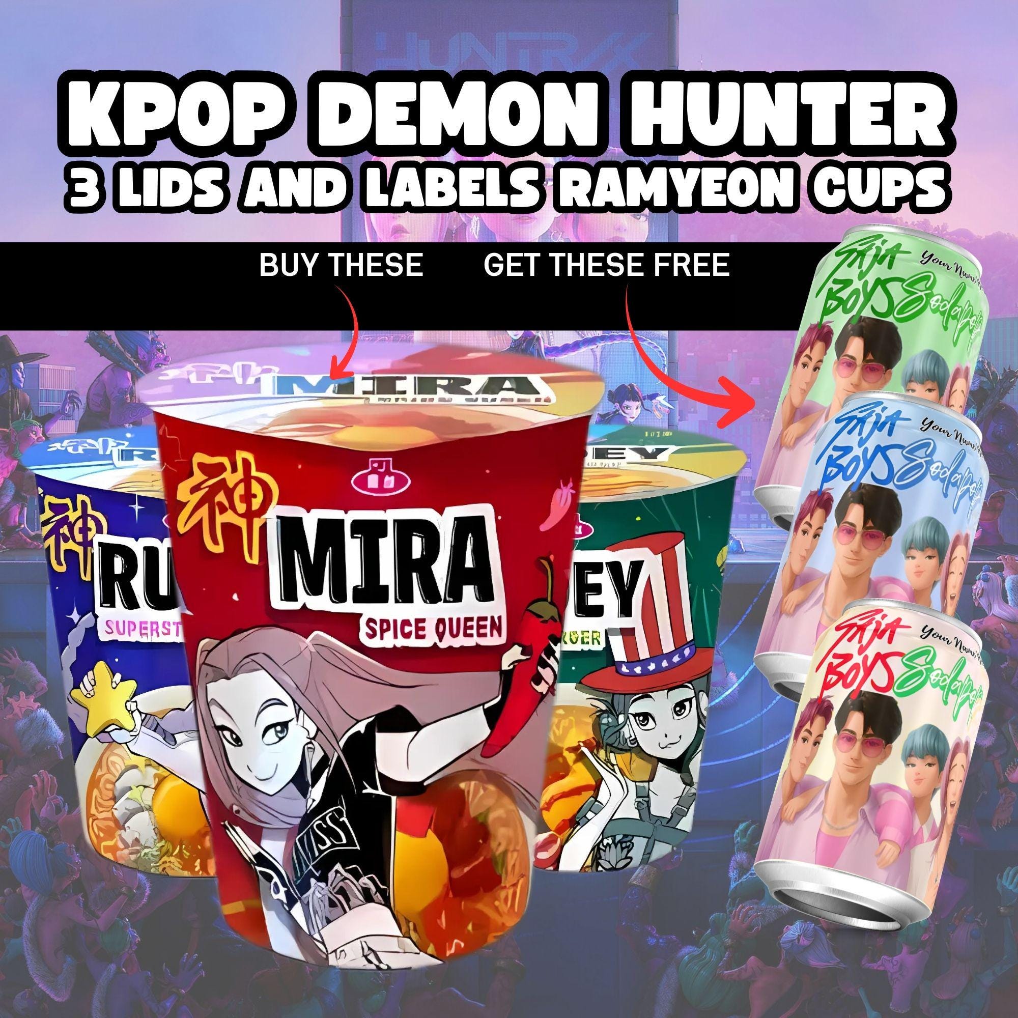 Kpop Demon Hunters Ramen Noodle Labels, Mira Rumi Zoey Cup Noodle