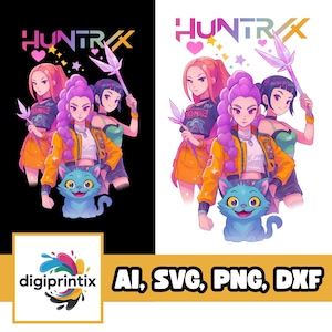 May include: Digital illustration featuring three anime-style women with pink and purple hair, wearing crop tops and jackets. A blue cat is in the foreground. The word "HUNTRIX" is at the top. The image is available in AI, SVG, PNG, and DXF formats.
