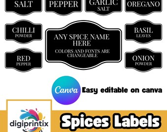 Spice Labels SVG Bundle – Kitchen Organizer, Printable, Black & White, Canva Editable, Instant Download, DIY