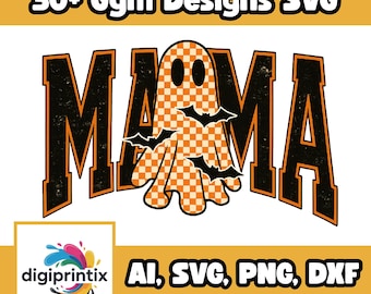 Mamá Halloween PNG: Diseño retro de fantasma a cuadros (descarga digital)