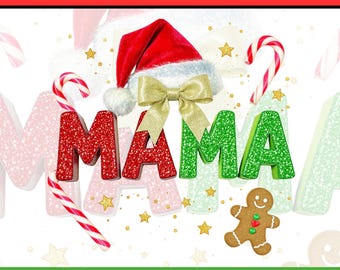Christmas Mama PNG, Glitter Holiday Letters Sublimation, Glitter Christmas Tree Buffalo Plaid Mama Shirt, Cozy Xmas Mom Aesthetic Design