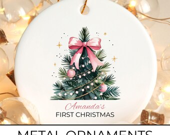 Personalized Baby First Christmas Ornament, Pink Bow Keepsake
