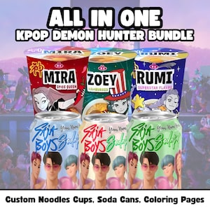 Może przedstawiać: Obraz promocyjny dla pakietu KPOP Demon Hunter, zawierający niestandardowe kubki z makaronem i puszki z napojami gazowanymi. Kubki z makaronem są oznaczone jako "Mira", "Zoey" i "Rumi". Puszki z napojami gazowanymi są oznaczone jako "Saja Boys Soda". Obraz zawiera również tekst "All in One".