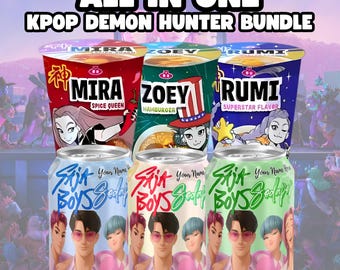 Kpop Demon Hunters Party Printable Set: Demon Hunters Birthday Bundle, Ramen Label, Ramyeon Label, Soda Can Label, Coloring Pages