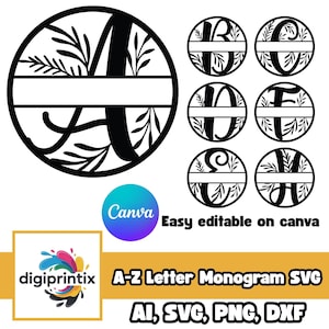 May include: Black and white A-Z letter monogram SVG designs. Each letter is in a circular frame with a horizontal bar and leaf accents. The image includes the text "Easy editable on canva" and "A-Z Letter Monogram SVG".