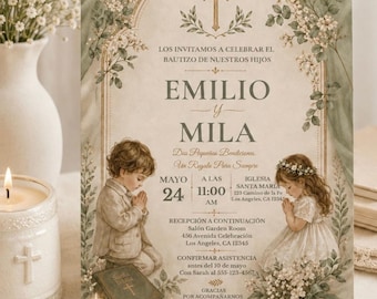 Spanish Twin Baptism Invitation Template: Mi Bautizo Girl Boy (Digital Download)