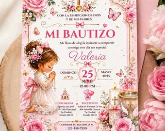 Pink Floral Baptism Invitation Template Girl Mi Bautizo (Digital Download)