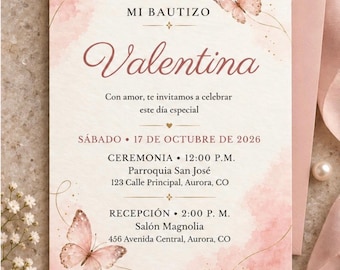 Mi Bautizo Invitation Template, Pink Butterfly Baptism Invite, Editable Canva Spanish Christening Invitation, 5x7 Digital Download