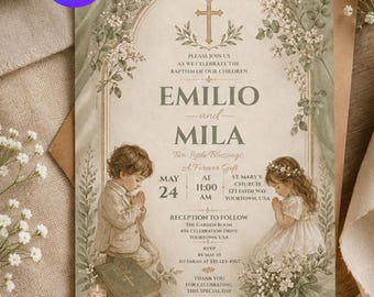 Vintage Twin Baptism Invitation Template, Editable Canva Baptism Invite, Boy & Girl Christening Invite, Double Baptism, Digital Download