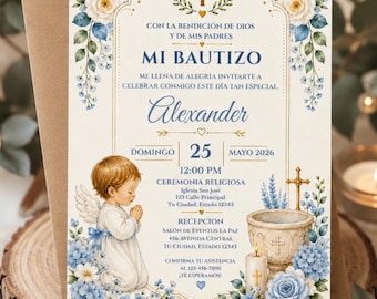 Blue Floral Baptism Invitation Template Editable Canva Boy Mi Bautizo Invite Digital Download