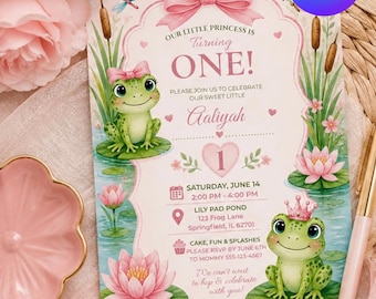 Pink Frog Princess 1st Birthday Invitation Template, Editable in Canva, Frog Birthday Invite, Lily Pad Party, Digital Download