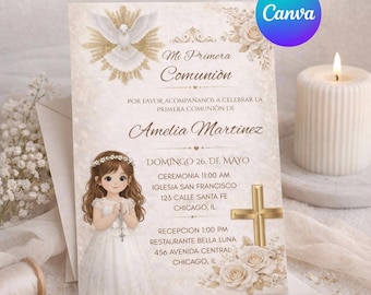 Plantilla editable de invitación de Primera Comunión en español: Invitación católica para niña en dorado y beige (descarga digital)