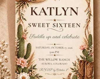 Western Sweet 16 Invitation Template, Editable Canva Cowgirl Birthday Invite, Rustic Cactus Floral Sweet Sixteen, 5x7 Digital Download