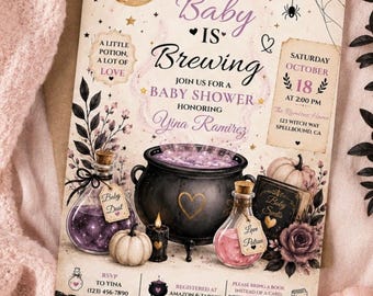 Witchy Halloween Baby Shower Invitation, A Baby Is Brewing, Pink Purple Theme (Editable Canva Template)