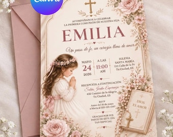 Editable Primera Comunión Invitation Template, Spanish First Communion Invite, Girl Communion Invitation, Canva Editable, Digital Download