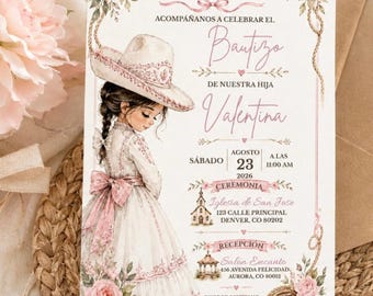 Pink Charro Bautizo Invitation Template, Editable Canva Baptism Invite for Girl, Mexican Baptism Invitation, Digital Download