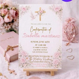 Convite de Confirmação Editável com Estampa Floral Rosa e Cruz Dourada - Modelo para Canva - Download Digital