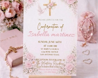 Editable Confirmation Invitation Pink Floral Gold Cross Canva Template Girl Confirmation Invite Digital Download