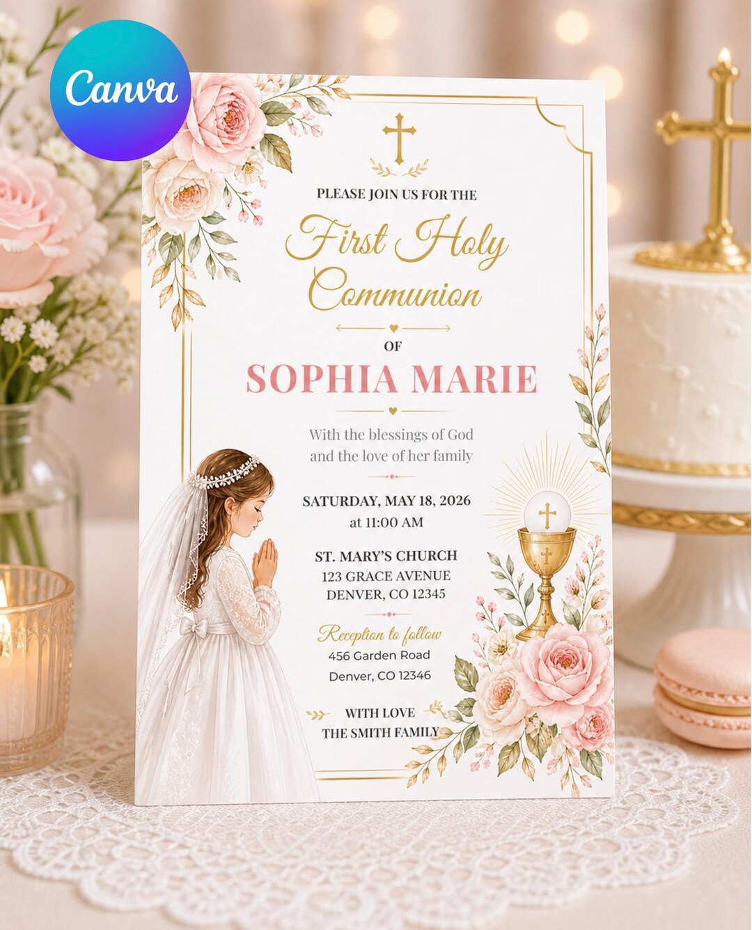 Editable First Holy Communion Invitation Girl Pink Gold Floral ...