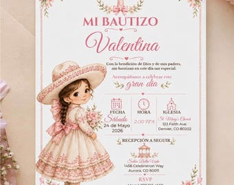 Editable Mi Bautizo Invitation Girl, Charro Baptism Invitation, Pink Floral Baptism Invite, Spanish Canva Template, 5x7