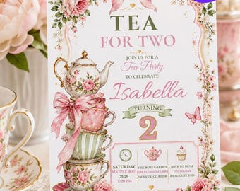 Tea for Two Birthday Invitation Template, Editable Tea Party Invite, Pink Floral Tea Party, Girl 2nd Birthday, Canva Template