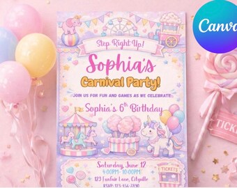 Pastel Carnival Birthday Invitation | Girl's Party, Editable Canva Template (Digital Download)