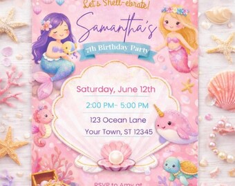 Pink Mermaid Birthday Invitation: Under the Sea Party Invite (Digital Download)