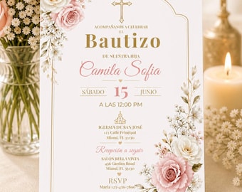 Girl's Baptism Invitation Template: Pink Gold Floral Bautizo Invite (Digital Download)