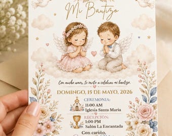 Spanish Baptism Invitation Template: Twin Boy Girl Angels (Digital Download)