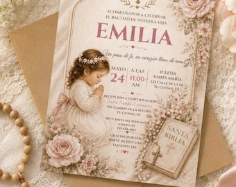 Editable Spanish Bautizo Invitation Template, Vintage Floral Baptism Invite Girl, Canva Template, Mi Bautizo, Digital Download