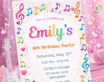 Girly Music Birthday Invitation, Editable Canva Party Invite (5x7)