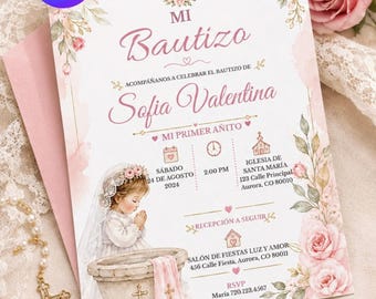 Editable Mi Bautizo Invitation Template, Pink Floral Baptism Invitation, Girl Baptism Invite, Spanish Canva Template, 5x7