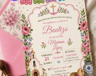 Editable Spanish Baptism Invitation: Mexican Floral Papel Picado Girl Invite (Canva Template)