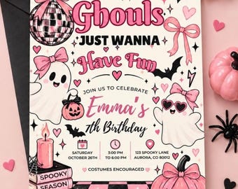 Pink Ghouls Birthday Invitation, Editable Canva Template, 5x7 Halloween Party