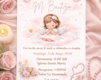 Invitación de bautismo de ángel rosa para niña (Canva editable, descarga digital)