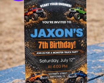 Monster Truck Birthday Invitation: Editable Canva Party Invite (Digital Download)