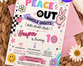 Peace Out Single Digits Birthday Invitation Template, Editable Canva Invite, Groovy 10th Birthday, Y2K Tween Girl Party