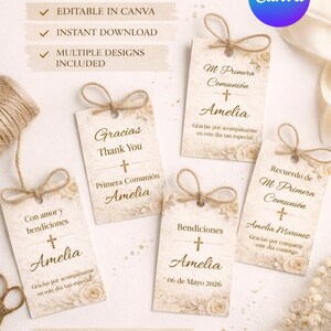 May include: Favor tags for a First Communion, featuring a floral design and the name "Amelia." The tags include phrases like "Gracias" and "Thank You," with a Canva logo. The tags are tied with twine.