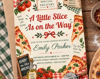 Pizza Baby Shower Invitation, A Little Slice Is on the Way, Special Delivery, Editable Canva Template, Digital 5x7 Invite