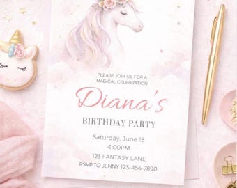 Unicorn Birthday Invitation: Watercolor Pastel Party Invite (Digital Download)