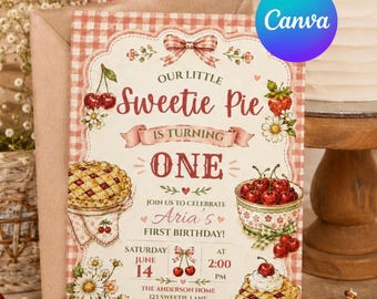 Sweetie Pie First Birthday Invitation Template, Cherry Birthday Invite, Farmhouse Cherry Party, Editable Canva Invite, Digital Download
