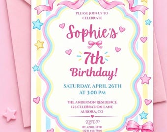 Pastel Bow Birthday Invitation Template, Editable 5x7 Canva Invite, Pink and Blue Girl Birthday Party Digital Download
